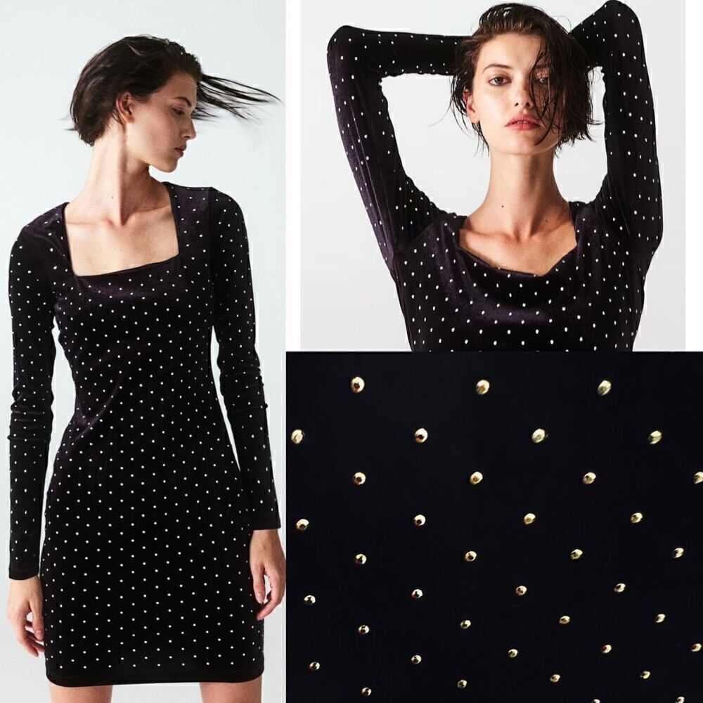 H&M Velvet Studded Stretch Body-con Long sleeve mini dress